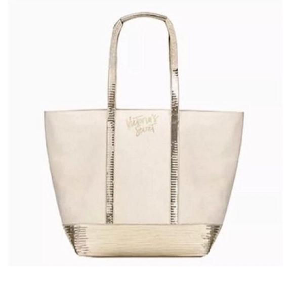 Victoria's Secret Handbags - VICTORIAS SECRET TOTE BAG White Gold Sequin Tote